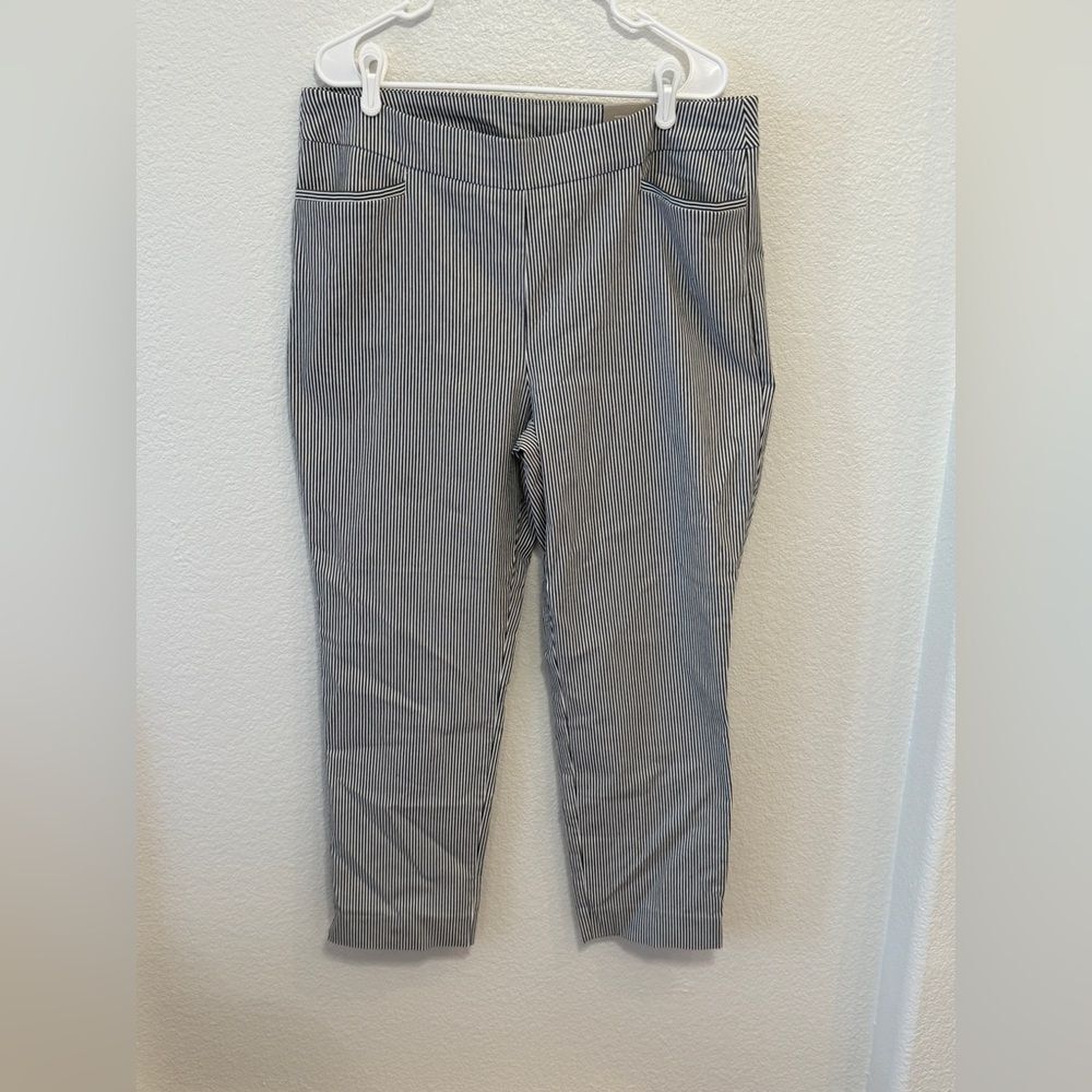 Chicos So Slimming Brigitte Slim Leg Striped Pants Navy White Size 3R US 16 NEW